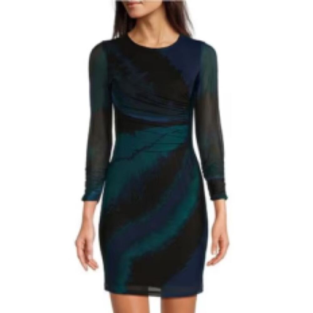 DKNY by Donna Karan Printed Mesh Scrunch Sheath Dress 10P